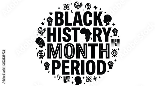 Black history month period typography design with african cultural symbols and icons
