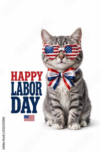 A gray tabby kitten wearing heart shaped American flag sunglasses and a striped red white and blue bow tie sits beside bold Happy Labor Day text