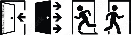Fotografie Emergency exit icons with entry door, running person, and directional arrow symbols for evacuation routes, safety signage, public buildings, and emergency guidance, vector, designs