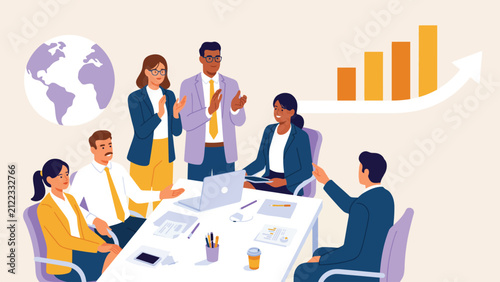 diverse business team meeting with global growth strategy, financial planning, corporate collaboration and office analytics illustration