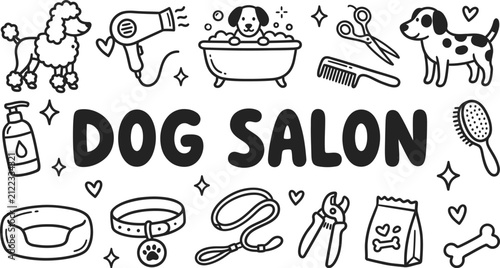 Minimalist dog grooming elements with scissors dryer and bath tub outline doodle