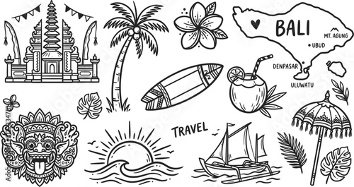 Minimalist Indonesian culture, tropical beach, map, and sunset outline doodle vector