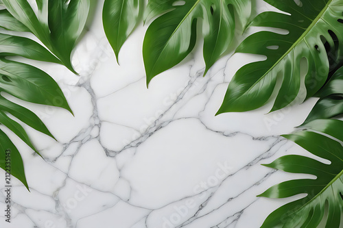 Green leaves with marble background