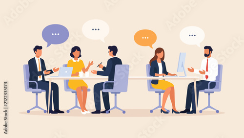 business professionals in office discussion and client meeting, corporate communication, teamwork, collaboration and consulting illustration