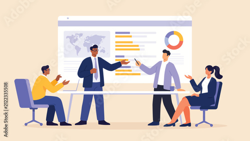 business presentation with analytics dashboard and financial charts, corporate meeting, teamwork, strategy planning and office collaboration illustration