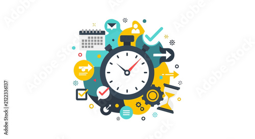 Time Management and Productivity Concept Flat Design Illustration with Clock, Calendar, Hourglass, and Business Icons for Efficiency and Planning