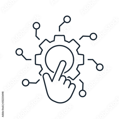 Hand touching a gear symbol surrounded by connected network nodes. User interaction with an automated control system.Vector linear icon illustration isolated on white background.
