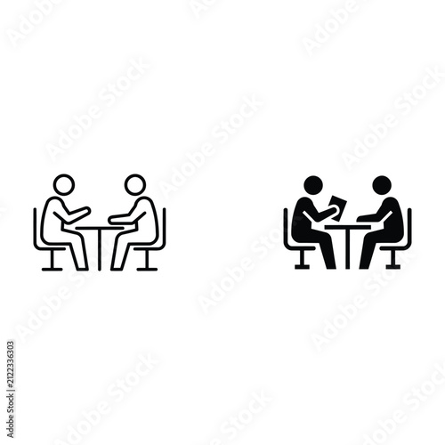 Two cartoon people sitting on chairs, one with light skin, one with dark skin