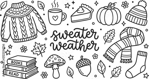 Sweater weather calligraphy with cozy autumn clothes and coffee line art set