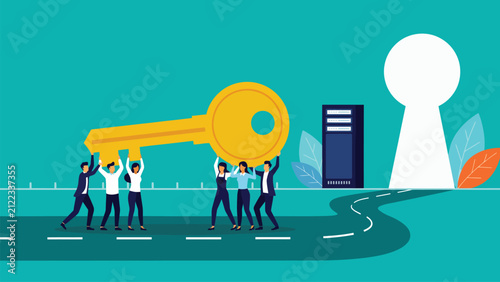 business team carrying giant key toward keyhole symbolizing opportunity leadership success strategic planning and business growth