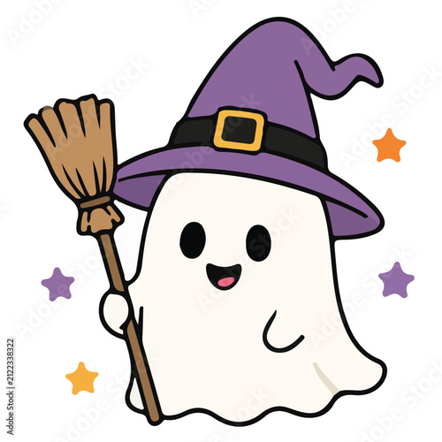 Cute Witch Ghost Holding Broom Halloween Kawaii