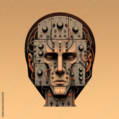 analog robot head in retro-futuristic style