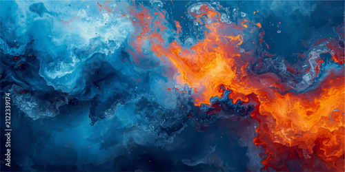 Fotografía Abstract Fire and Water Background with Burning Flames in the Sky, Fiery Smoke C