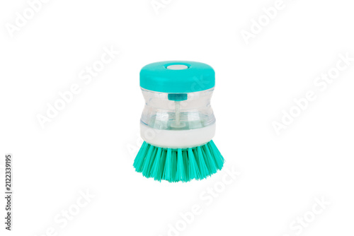 Turquoise Soap Dispensing Dish Brush Isolated on White Background