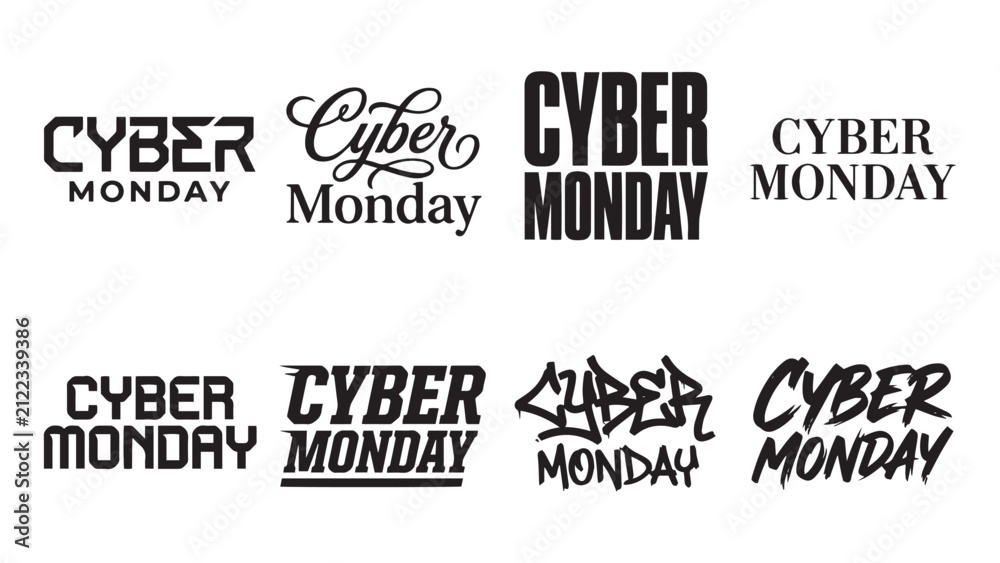 Obraz premium Cyber Monday typography set. Collection of various black text logos for online sales.