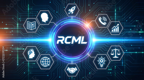 RCML concept digital network interface with glowing circuit hexagonal business icons