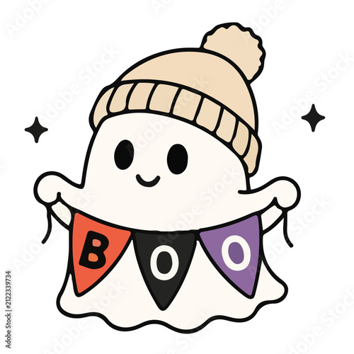 Obraz na plátně Cute Ghost Holding BOO Banner Halloween
