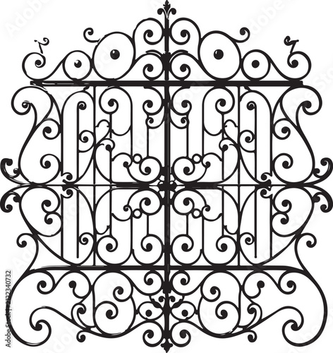 Elegant Ornamental Wrought Iron Gate Vector with Vintage Floral Scrollwork Decorative Fence Silhouette Isolated on White