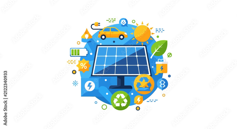 Naklejka premium Renewable Energy and Green Technology Concept Flat Illustration with Solar Panels, Electric Vehicle, and Recycling Symbols