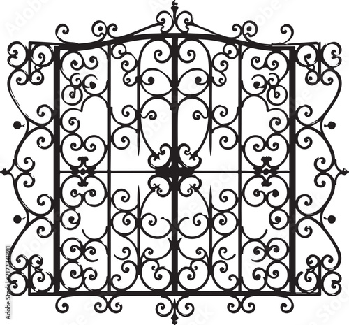 Elegant Ornamental Wrought Iron Gate Vector with Vintage Floral Scrollwork Decorative Fence Silhouette Isolated on White