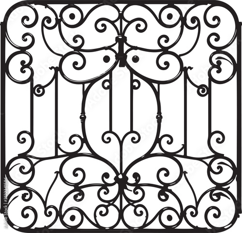 Elegant Ornamental Wrought Iron Gate Vector with Vintage Floral Scrollwork Decorative Fence Silhouette Isolated on White