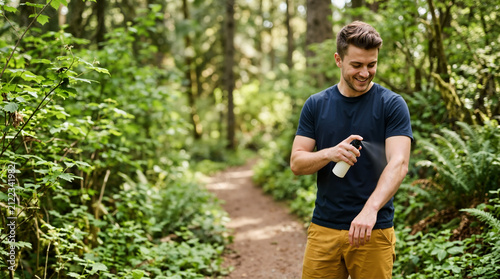 Man applying insect repellent spray on his arm in a forest. Smiling young hiker protecting his skin from bugs on a woodland trail. Outdoor recreation and health prevention concept