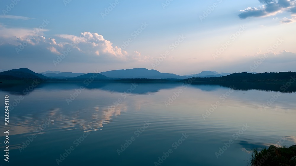 Fototapeta premium A serene lake mirrors distant mountains and soft clouds under a tranquil sky during twilight hours