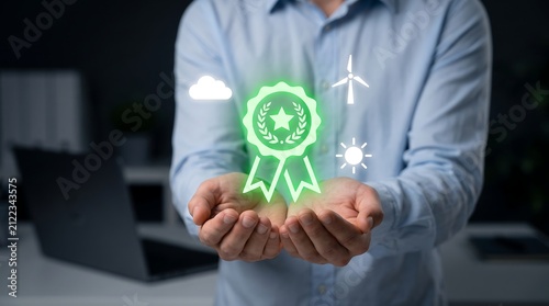 Person holding green energy award icon. Sustainable business certification isolated on transparent background.