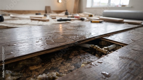 Leaking pipes under damaged wood floor