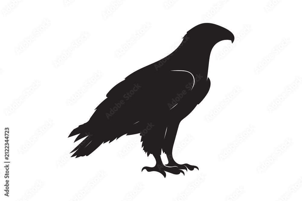 Fototapeta premium This is a clean, modern black silhouette vector icon of an eagle perched in profile with sharp talons and a hooked beak, presented on a plain white background.