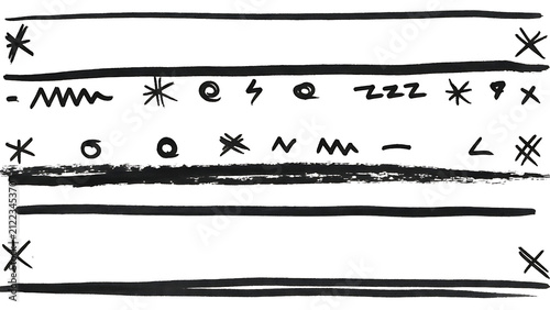 IA generated abstract hand-drawn black ink symbols, stars, and horizontal lines in a cipher-like layout, isolated on a clean white background.