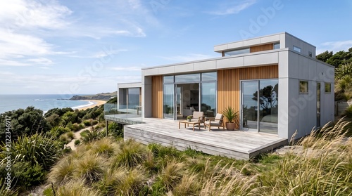 Modern coastal house with wooden deck overlooking ocean view on sunny day