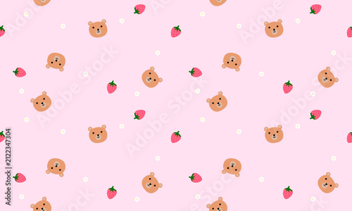 Cute teddy bear and strawberry seamless pattern on pink background.