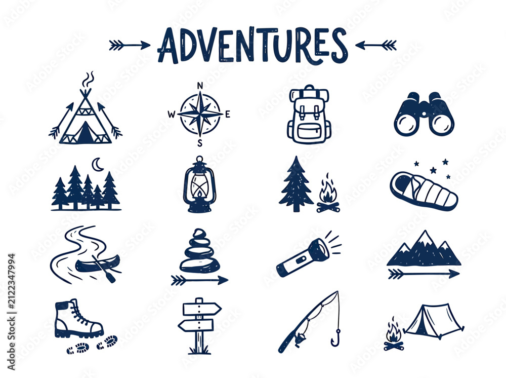 Fototapeta premium Hand-Drawn Adventure and Camping Icons Set