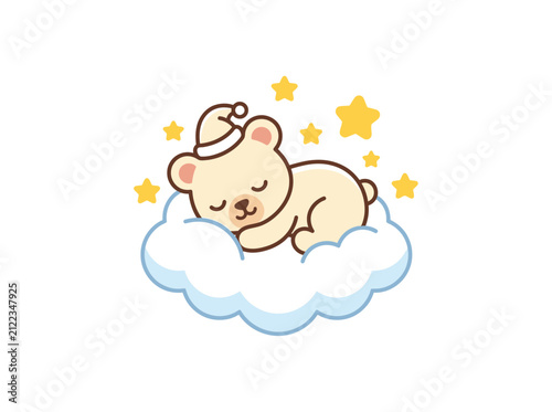 Cute sleeping teddy bear on cloud with stars