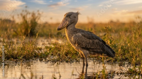 Shoebill stork standing in a swamp during golden hour sunset