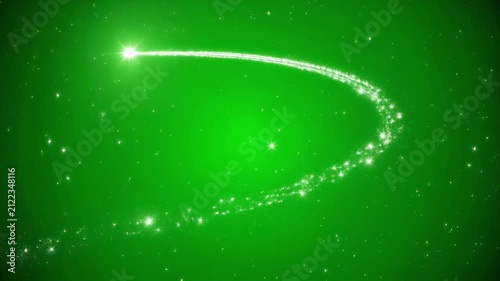Sparkling light trail gracefully curves through dark green bokeh background with subtle glittering particles