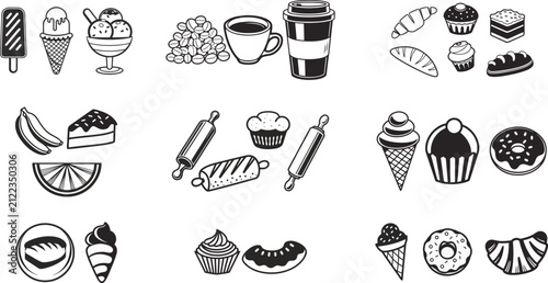 Dessert And Beverage Collection Black And White Vector Illustration On White Background