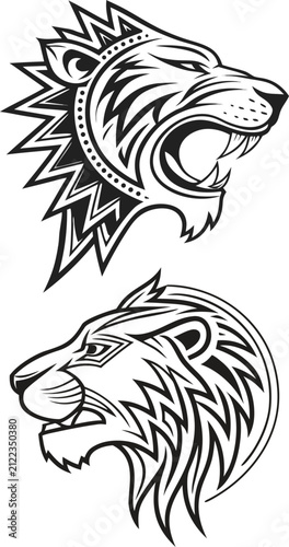 Lion head illustrations black and white vector graphic with decorative elements