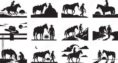Collection of black silhouette featuring cowboys, horses, and western landscapes, isolated on a white background, for projects