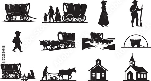 Fotografie Collection of black silhouettes depicting pioneer life, covered wagons, families