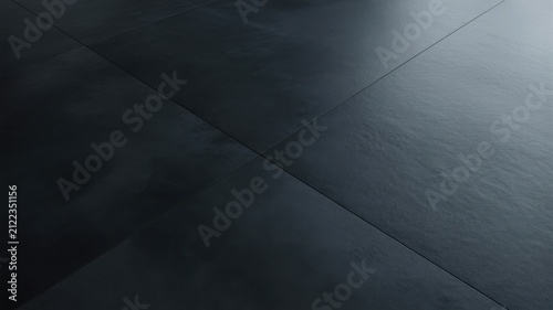 Dark gray slate floor tiles texture background in perspective view