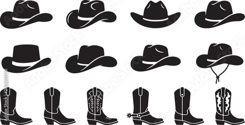 Fotografie Collection of black silhouettes featuring various styles of cowboy hats and west