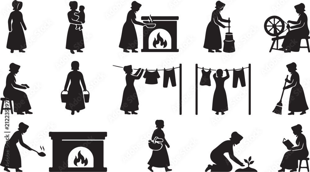 Naklejka premium Collection of black silhouettes showing pioneer women performing daily household chores, spinning, cooking, and gardening, set
