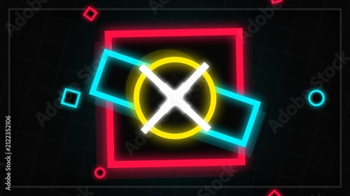 Neon abstract geometric shapes on dark background with grid