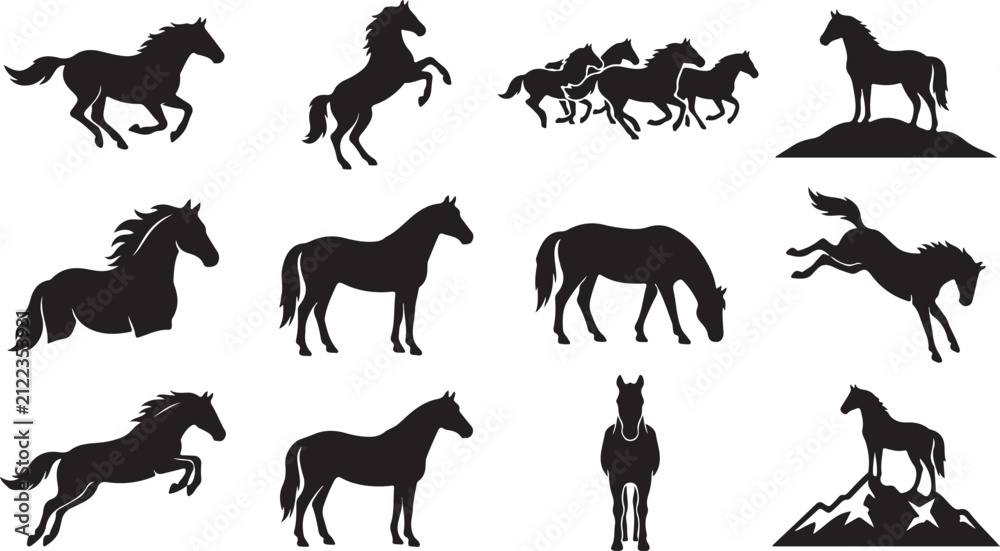 Obraz premium Set of black horse silhouettes featuring various poses such as running, jumping, rearing, and grazing for equestrian and farm projects