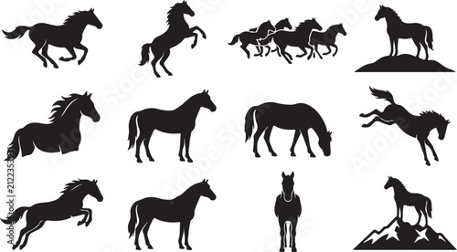 Bild auf Leinwand Set of black horse silhouettes featuring various poses such as running, jumping,