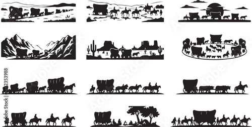 Quadro su tela Set of black silhouette depicting pioneer wagons, covered wagons, horses, and we