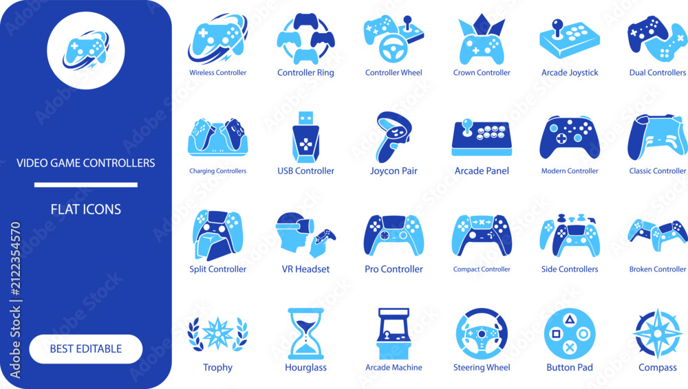 Fototapeta premium Video game controllers icon set. Minimal silhouette vector collection of joysticks, pads, arcade and VR symbols for gaming design