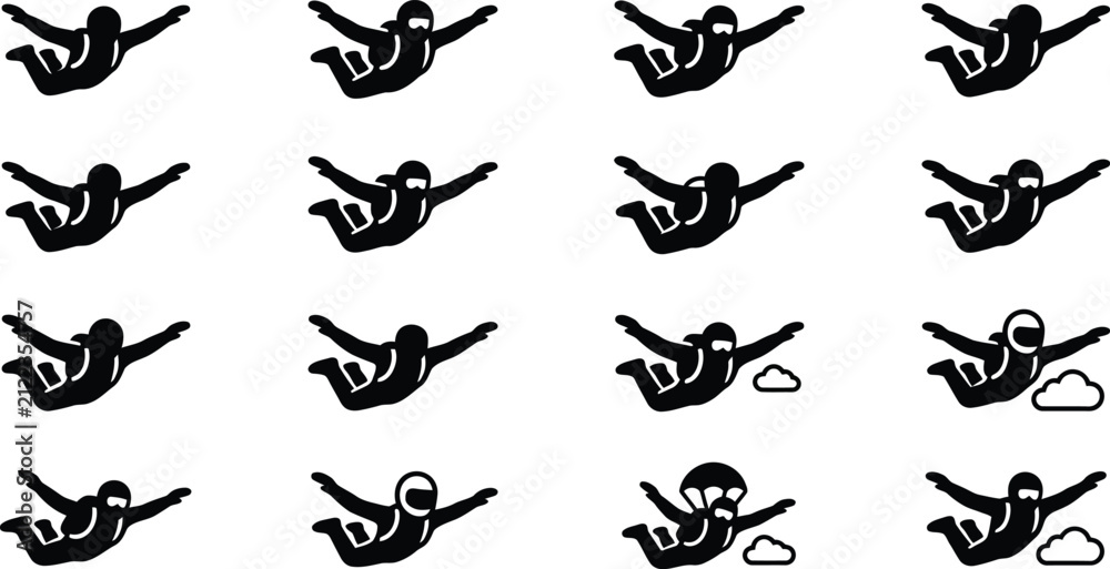 Fototapeta premium Set of skydiver silhouette icons for extreme sports design.